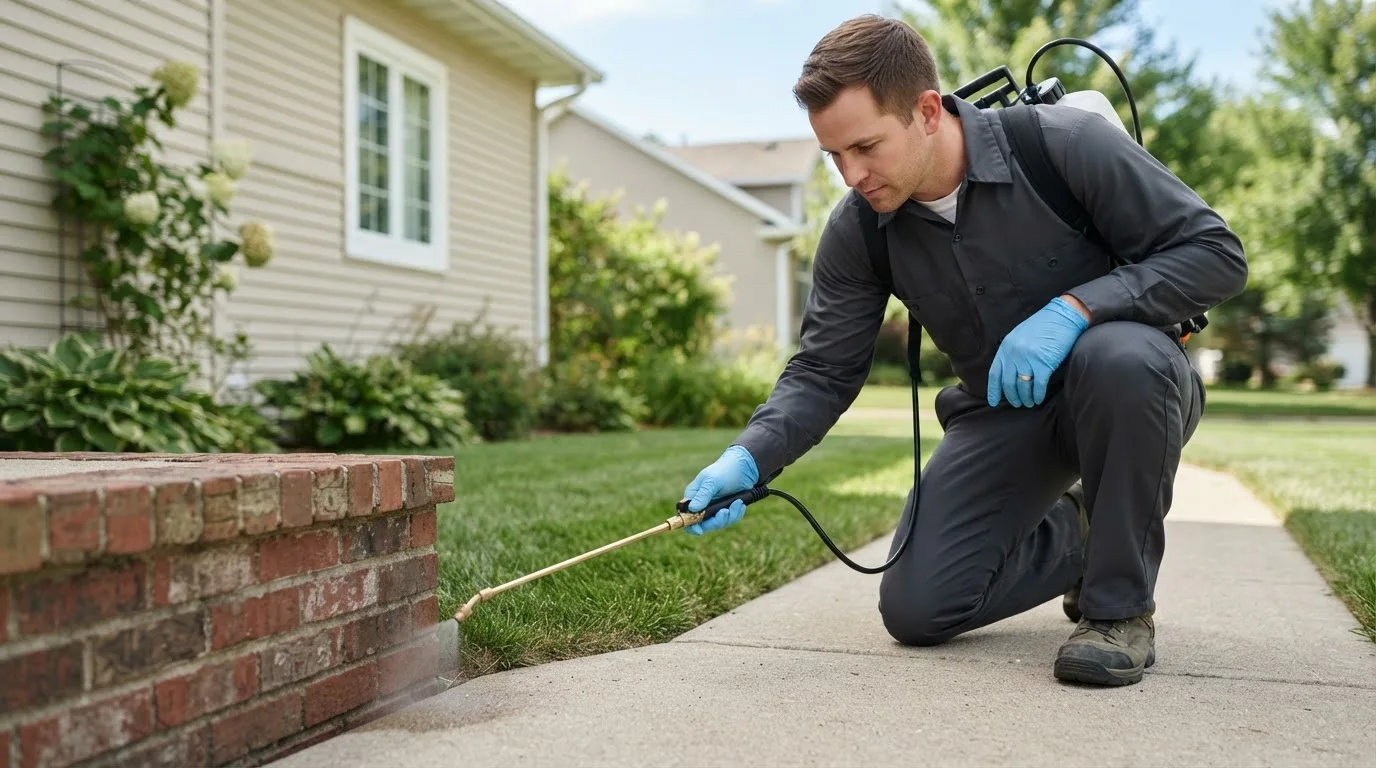 Pest control technician treating a home near Hopkinton, RI